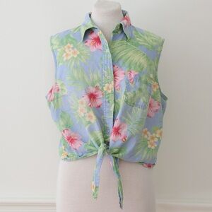 Lauren Ralph Lauren Floral Hibiscus Linen Button-Up Tie Top Blue Green Size 14?
